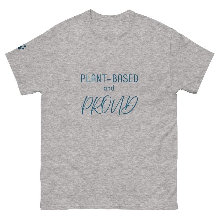 Unisex cotton tee with 'Plant-Based and Proud' slogan and animal prints