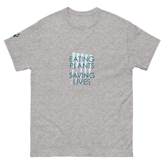 Cotton tee with 'Eating Plants, Saving Lives' slogan and animal prints