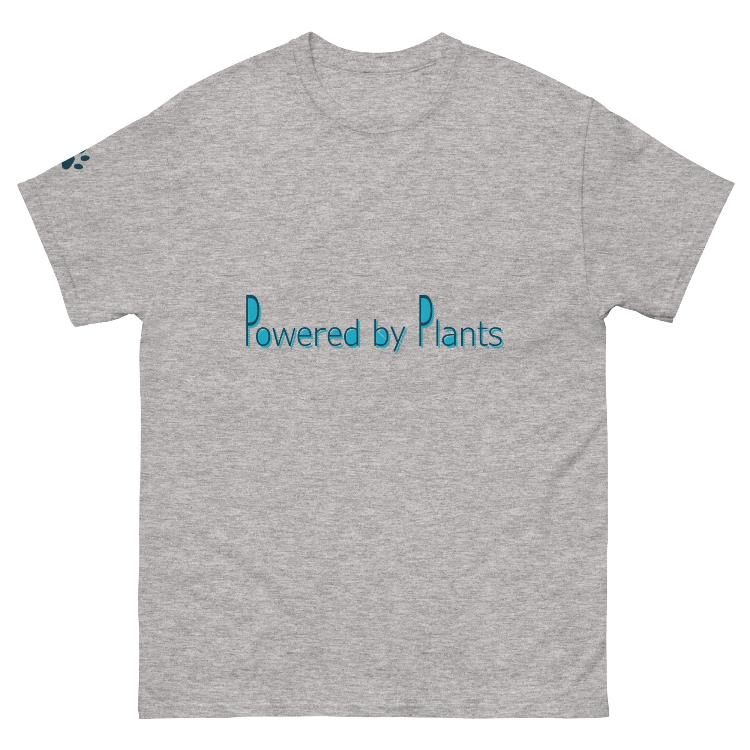 Unisex cotton tee with 'Powered by Plants' slogan and animal harmony design