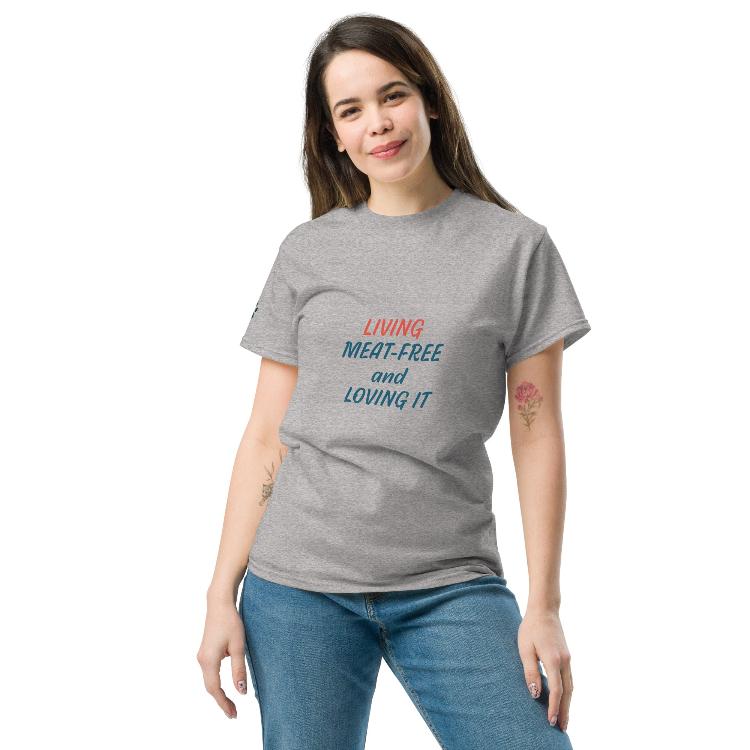 Classic cotton tee with 'Living Meat-Free and Loving It' slogan promoting plant-based living