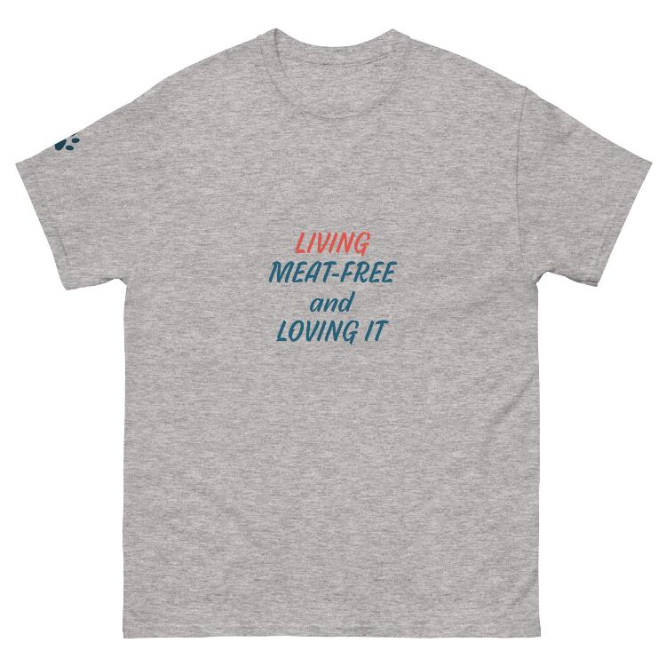 Classic cotton tee with 'Living Meat-Free and Loving It' slogan promoting plant-based living