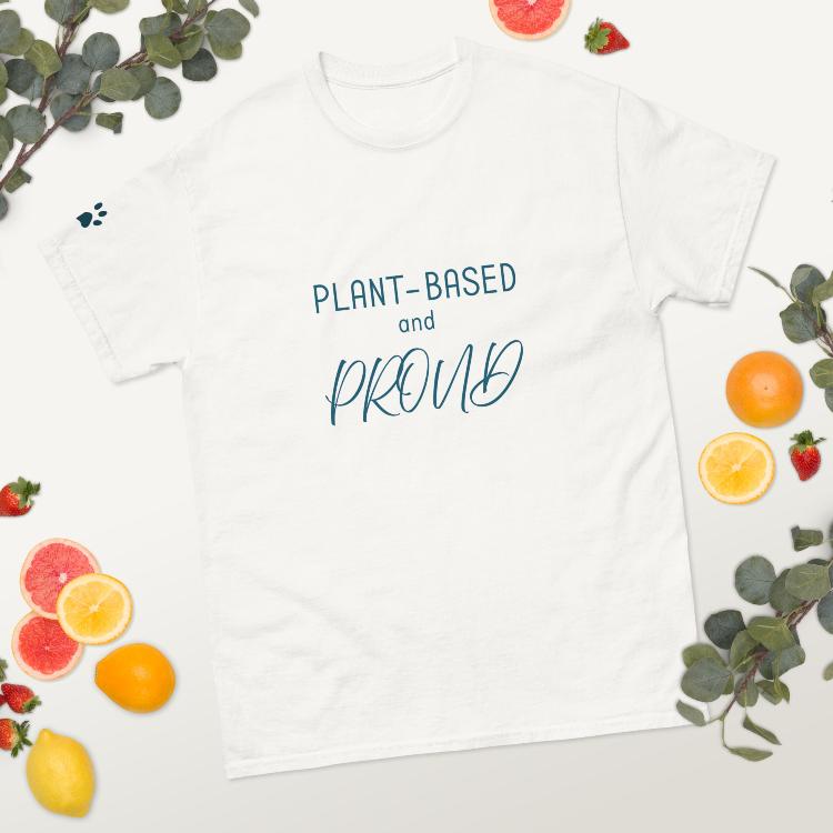 Unisex cotton tee with 'Plant-Based and Proud' slogan and animal prints