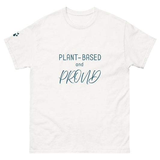 Unisex cotton tee with 'Plant-Based and Proud' slogan and animal prints