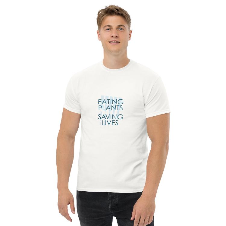 Cotton tee with 'Eating Plants, Saving Lives' slogan and animal prints