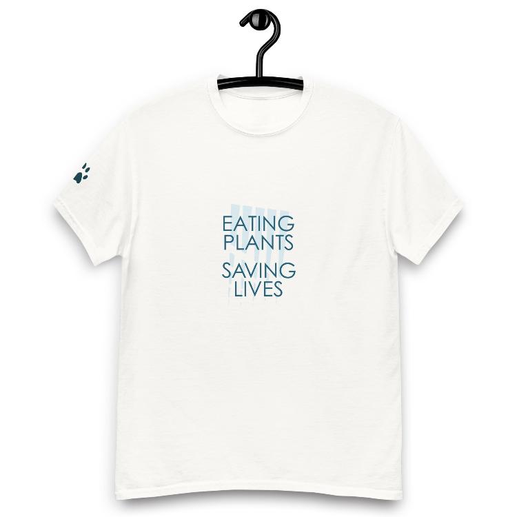 Cotton tee with 'Eating Plants, Saving Lives' slogan and animal prints