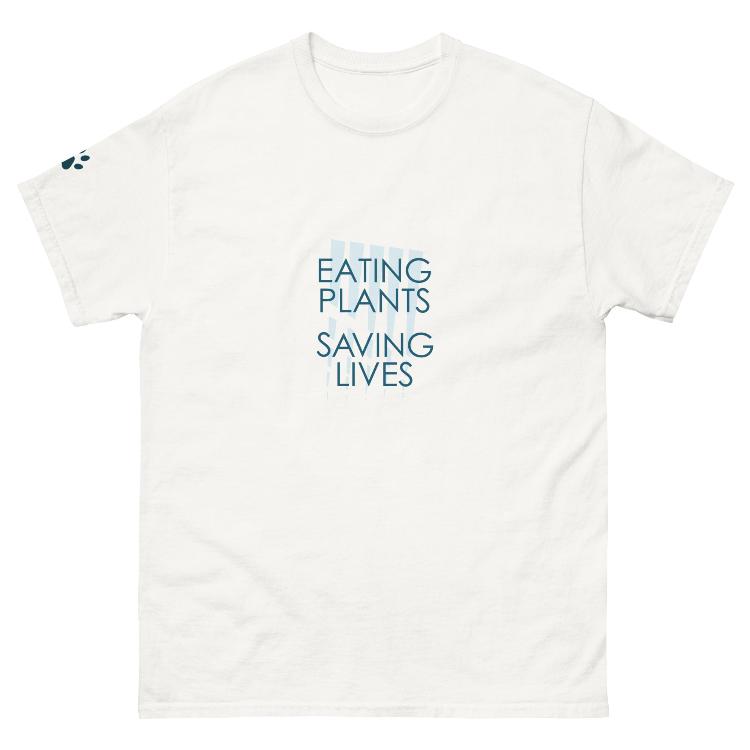 Cotton tee with 'Eating Plants, Saving Lives' slogan and animal prints