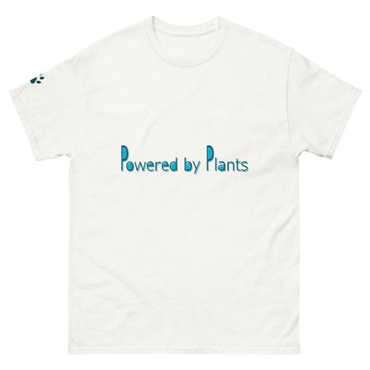 Unisex cotton tee with 'Powered by Plants' slogan and animal harmony design