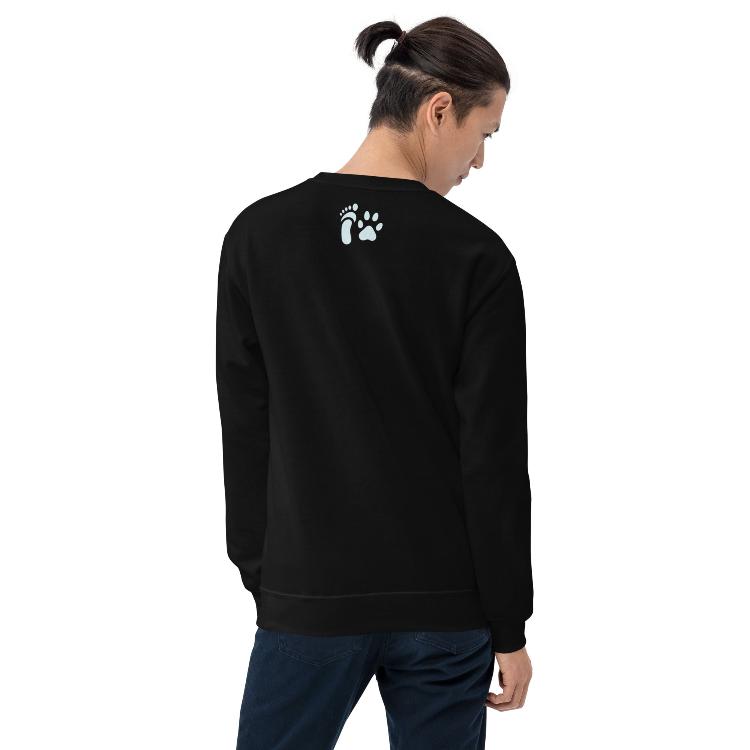 Sweatshirt featuring the slogan 'Living Meat-Free and Loving It', with human foot and animal paw prints on the label. Promotes a plant-based lifestyle and awareness for animal welfare