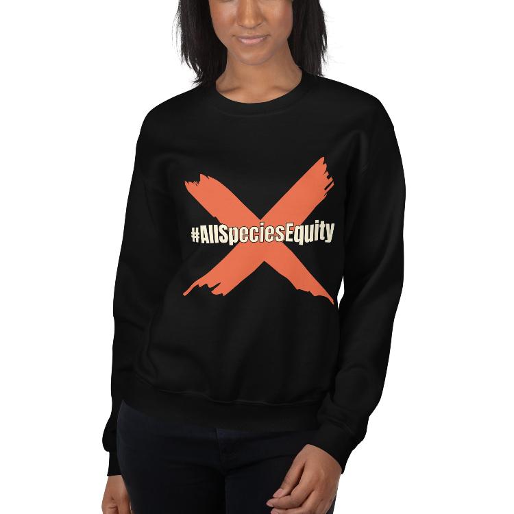 Vegetizer unisex sweatshirt featuring the #AllSpeciesEquity campaign symbol on the front, with a human foot and animal paw design on the outside label, made from 50% cotton and 50% polyester, pre-shrunk, classic fit, designed to promote animal rights and unity