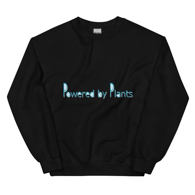 Plant-powered sweatshirt with slogan 'Powered by Plants', featuring human footprint and animal paw print labels, showcasing harmony between humans and animal