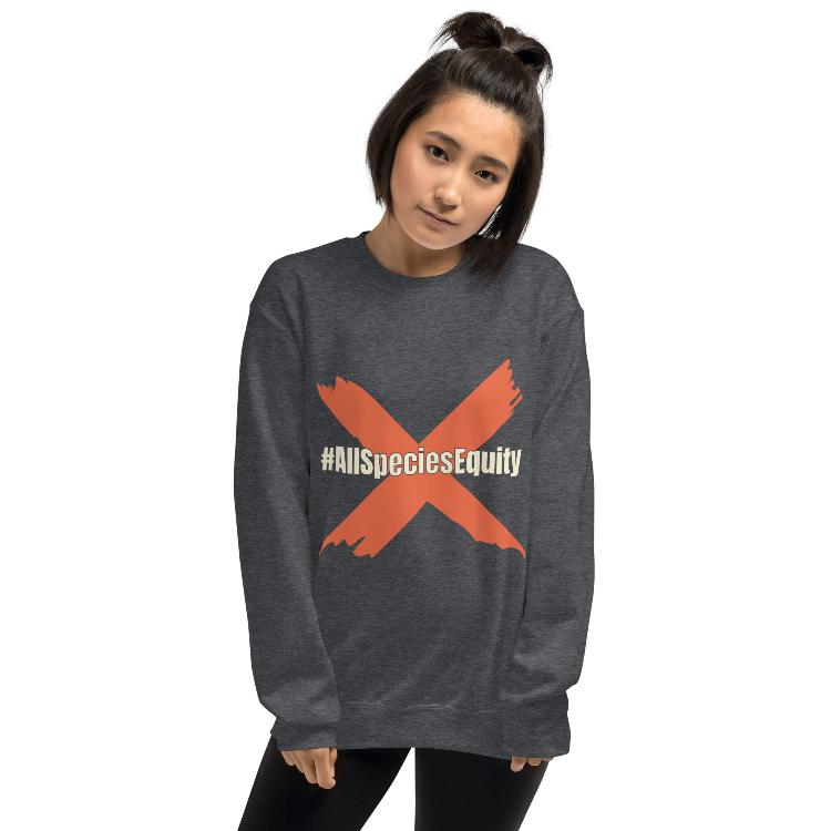 Vegetizer unisex sweatshirt featuring the #AllSpeciesEquity campaign symbol on the front, with a human foot and animal paw design on the outside label, made from 50% cotton and 50% polyester, pre-shrunk, classic fit, designed to promote animal rights and unity