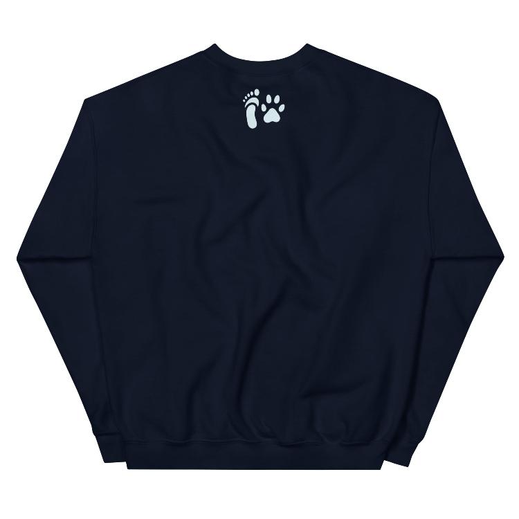 Sweatshirt featuring the slogan 'Living Meat-Free and Loving It', with human foot and animal paw prints on the label. Promotes a plant-based lifestyle and awareness for animal welfare