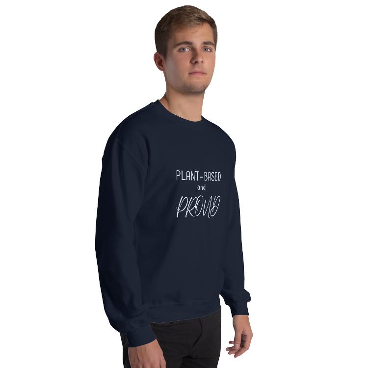 Comfortable sweatshirt with "Plant-Based and Proud" front print, human foot and animal paw design on the outside label, promotes a plant-based lifestyle, 50% cotton and 50% polyester blend, warm, pre-shrunk, classic fit, ethical fashion, supports animal welfare