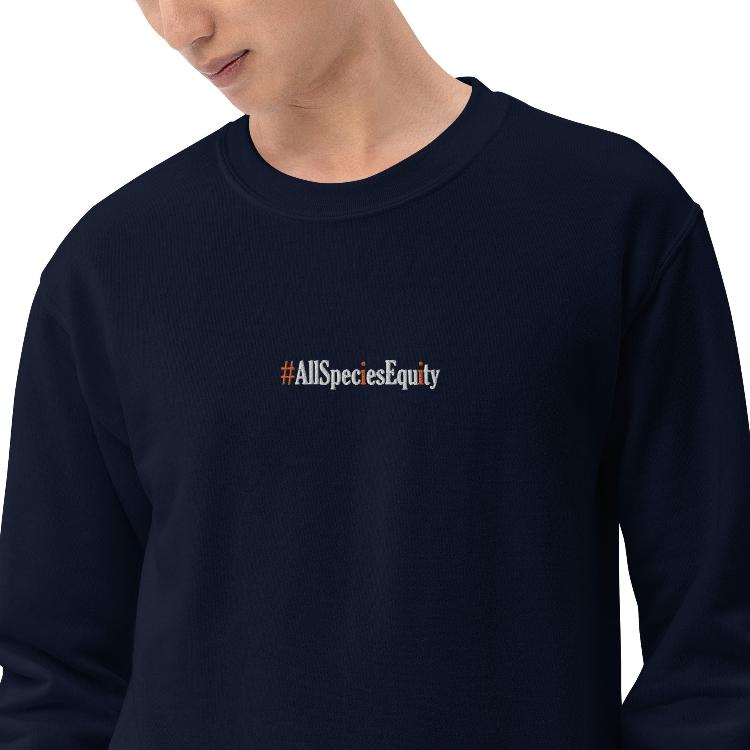 Vegetizer unisex sweatshirt with #AllSpeciesEquity embroidery on the chest and human foot and animal paw design on the right wrist, made from 50% cotton and 50% polyester, pre-shrunk, classic fit, warm and cozy, promoting animal rights and unity