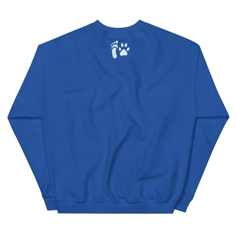 Cozy plant-based sweatshirt with the slogan 'Eating Plants, Saving Lives' on the front, featuring a label with human foot and animal paw prints, promoting animal welfare and a meat-free lifestyle