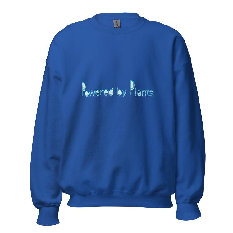 Plant-powered sweatshirt with slogan 'Powered by Plants', featuring human footprint and animal paw print labels, showcasing harmony between humans and animal