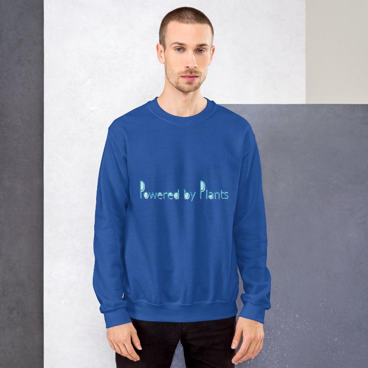 Plant-powered sweatshirt with slogan 'Powered by Plants', featuring human footprint and animal paw print labels, showcasing harmony between humans and animal