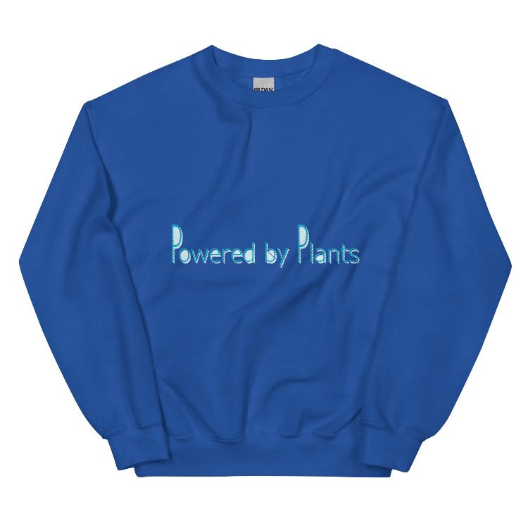 Plant-powered sweatshirt with slogan 'Powered by Plants', featuring human footprint and animal paw print labels, showcasing harmony between humans and animal