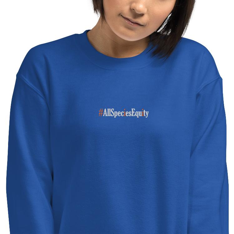 Vegetizer unisex sweatshirt with #AllSpeciesEquity embroidery on the chest and human foot and animal paw design on the right wrist, made from 50% cotton and 50% polyester, pre-shrunk, classic fit, warm and cozy, promoting animal rights and unity