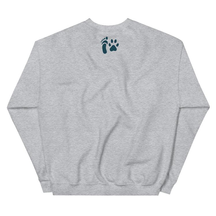 Comfortable plant-based sweatshirt with the slogan 'Living Meat-Free and Loving It'. Features human foot and animal paw prints symbolizing harmony. Ideal for promoting a plant-based lifestyle and animal welfare awareness