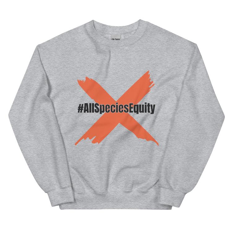 Vegetizer Unisex Sweatshirt featuring #AllSpeciesEquity logo, human foot and animal paw prints, symbolizing unity and equality for all species