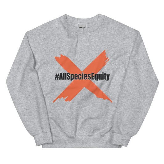 Vegetizer Unisex Sweatshirt featuring #AllSpeciesEquity logo, human foot and animal paw prints, symbolizing unity and equality for all species