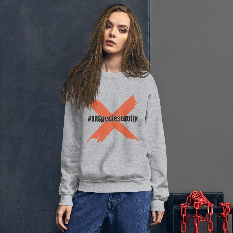 Vegetizer Unisex Sweatshirt featuring #AllSpeciesEquity logo, human foot and animal paw prints, symbolizing unity and equality for all species