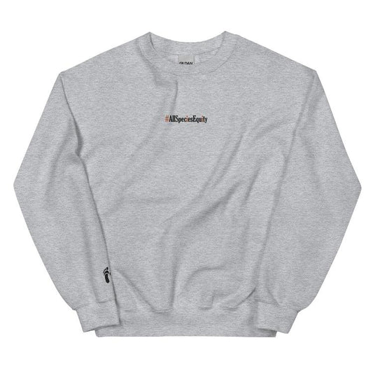 Vegetizer unisex sweatshirt, #AllSpeciesEquity embroidery on chest, human foot and animal paw design on wrist, 50% cotton 50% polyester, pre-shrunk, classic fit, cozy and warm, promotes animal rights and equality