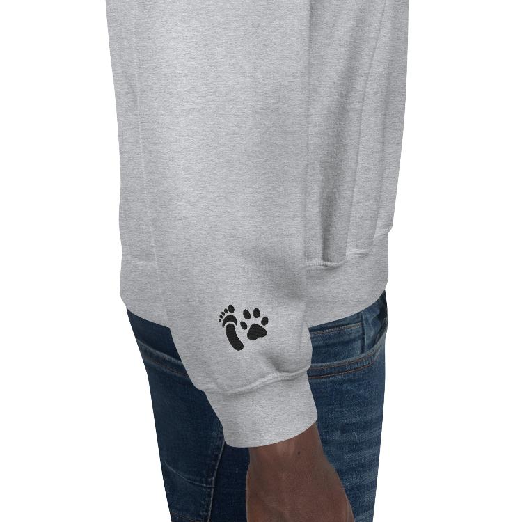 Vegetizer unisex sweatshirt, #AllSpeciesEquity embroidery on chest, human foot and animal paw design on wrist, 50% cotton 50% polyester, pre-shrunk, classic fit, cozy and warm, promotes animal rights and equality