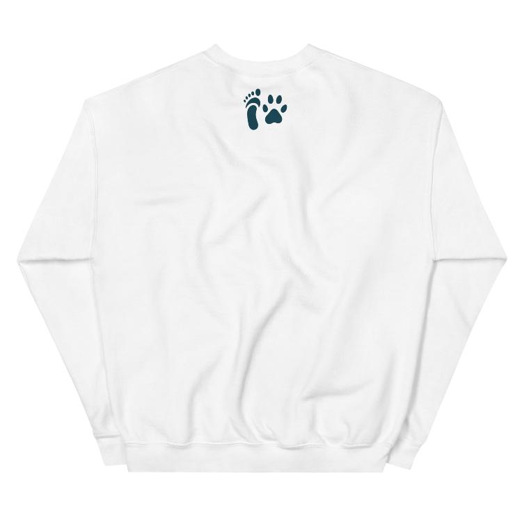 Comfortable plant-based sweatshirt with the slogan 'Living Meat-Free and Loving It'. Features human foot and animal paw prints symbolizing harmony. Ideal for promoting a plant-based lifestyle and animal welfare awareness