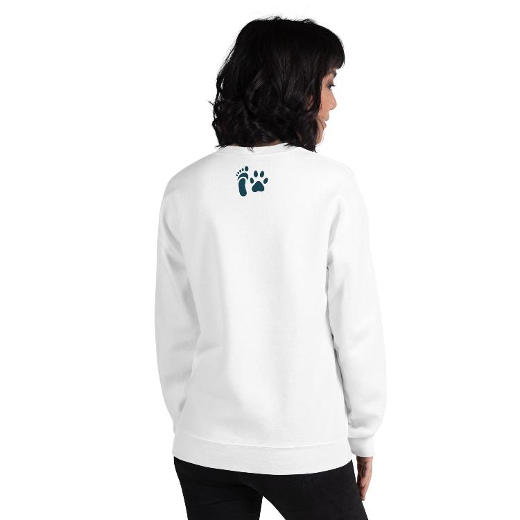 Cozy sweatshirt featuring the slogan "Plant-Based and Proud" on the front, with a human foot and animal paw print on the outside label, symbolizing harmony between humans and animals. Made from a blend of 50% cotton and 50% polyester, this pre-shrunk classic fit sweatshirt is ideal for colder months, promoting a plant-based lifestyle and raising awareness for animal welfare