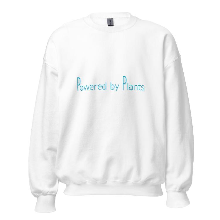 Comfortable sweatshirt with the slogan 'Powered by Plants' on the front, featuring a label with human footprint and animal paw prints, symbolizing harmony between humans and animals, promoting a plant-based lifestyle and animal welfare