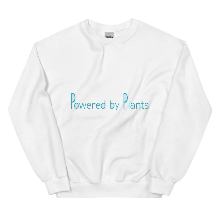 Comfortable sweatshirt with the slogan 'Powered by Plants' on the front, featuring a label with human footprint and animal paw prints, symbolizing harmony between humans and animals, promoting a plant-based lifestyle and animal welfare