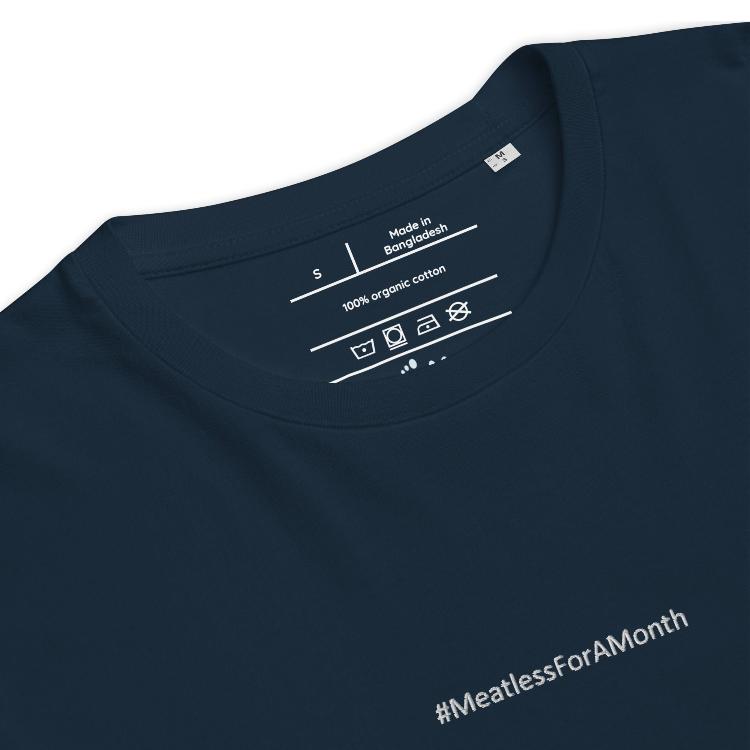 Organic t-shirt with #MeatlessForAMonth and unity symbol on sleeve, eco-friendly