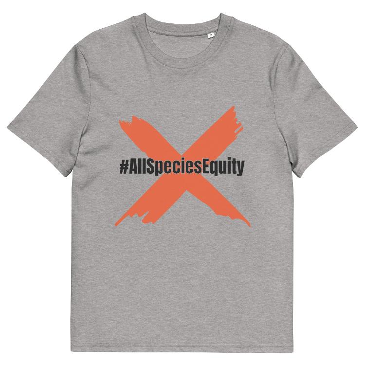 Organic cotton t-shirt with #AllSpeciesEquity campaign symbol and animal prints representing unity