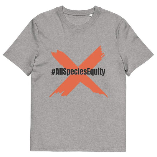 Organic cotton t-shirt with #AllSpeciesEquity campaign symbol and animal prints representing unity