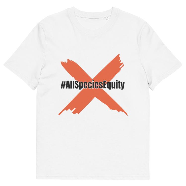 Organic cotton t-shirt with #AllSpeciesEquity campaign symbol and animal prints representing unity