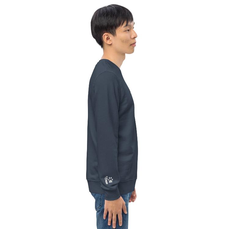 Organic unisex sweatshirt with #MeatlessForAMonth chest embroidery, human foot and animal paw design on right wrist, eco-friendly, made from organic cotton and recycled polyester, promotes plant-based lifestyle, animal rights, and sustainability