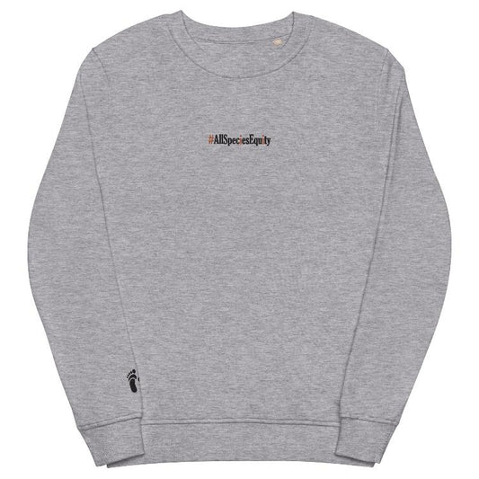 Vegetizer unisex organic sweatshirt, #AllSpeciesEquity embroidery, human foot and animal paw design, eco-friendly materials, 80% organic cotton, 20% recycled polyester, comfortable, stylish, animal rights apparel