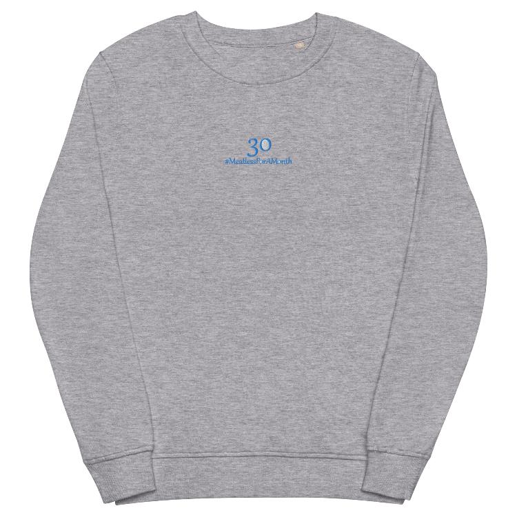 Organic unisex sweatshirt with #MeatlessForAMonth embroidery, human foot and animal paw design, eco-friendly, soft, plant-based lifestyle, sustainable fashion, animal rights advocacy