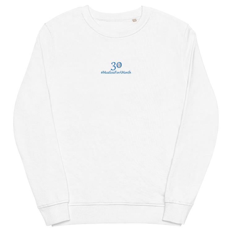 Organic unisex sweatshirt with #MeatlessForAMonth embroidery, human foot and animal paw design, eco-friendly, soft, plant-based lifestyle, sustainable fashion, animal rights advocacy