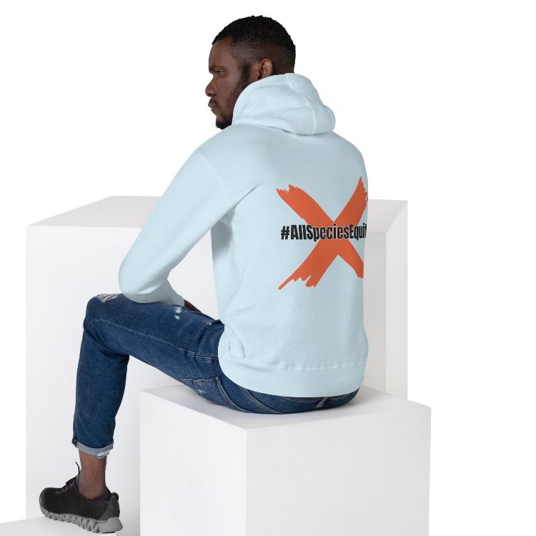 Unisex hoodie with #AllSpeciesEquity prints, promoting animal rights and equality