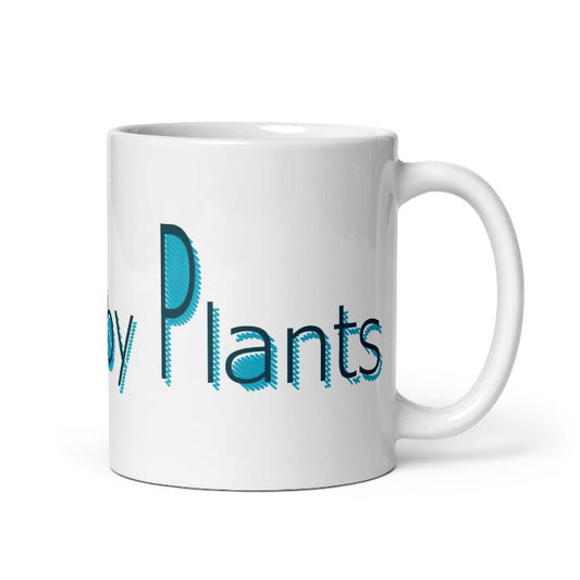 Glossy mug with "Powered by Plants" slogan print