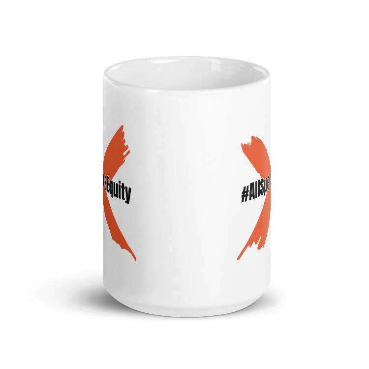 White glossy mug with the slogan "#AllSpeciesEquity" for promoting species equality