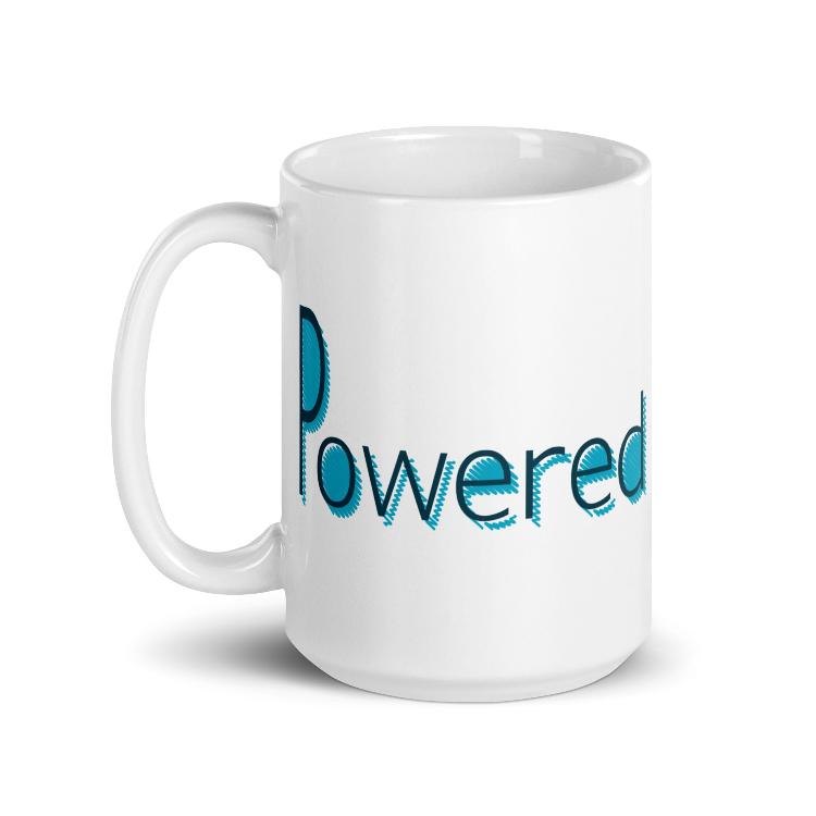 Glossy mug with "Powered by Plants" slogan print