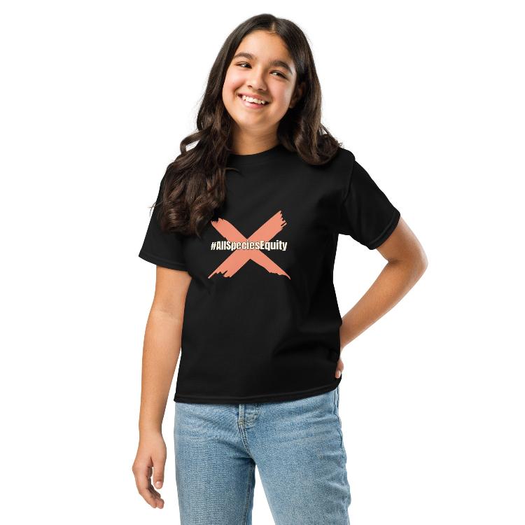 Vegetizer Youth Classic Tee featuring the All Species Equity campaign symbol and hashtag #AllSpeciesEquity. The design includes a human foot and animal paw, symbolizing unity. Made from 100% cotton, pre-shrunk fabric, classic fit, suitable for kids