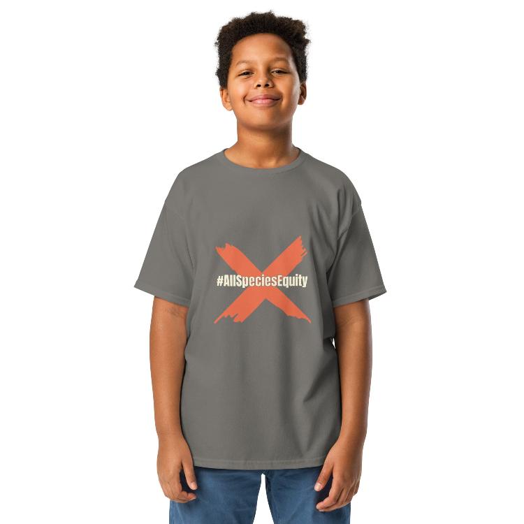 Vegetizer Youth Classic Tee featuring the All Species Equity campaign symbol and hashtag #AllSpeciesEquity. The design includes a human foot and animal paw, symbolizing unity. Made from 100% cotton, pre-shrunk fabric, classic fit, suitable for kids