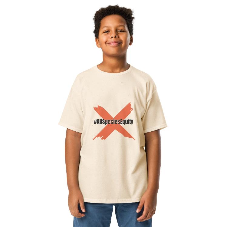 Kids t-shirt featuring All Species Equity campaign symbol, human foot and animal paw prints, unity and equality design, 100% cotton, eco-friendly, classic fit, vibrant colors