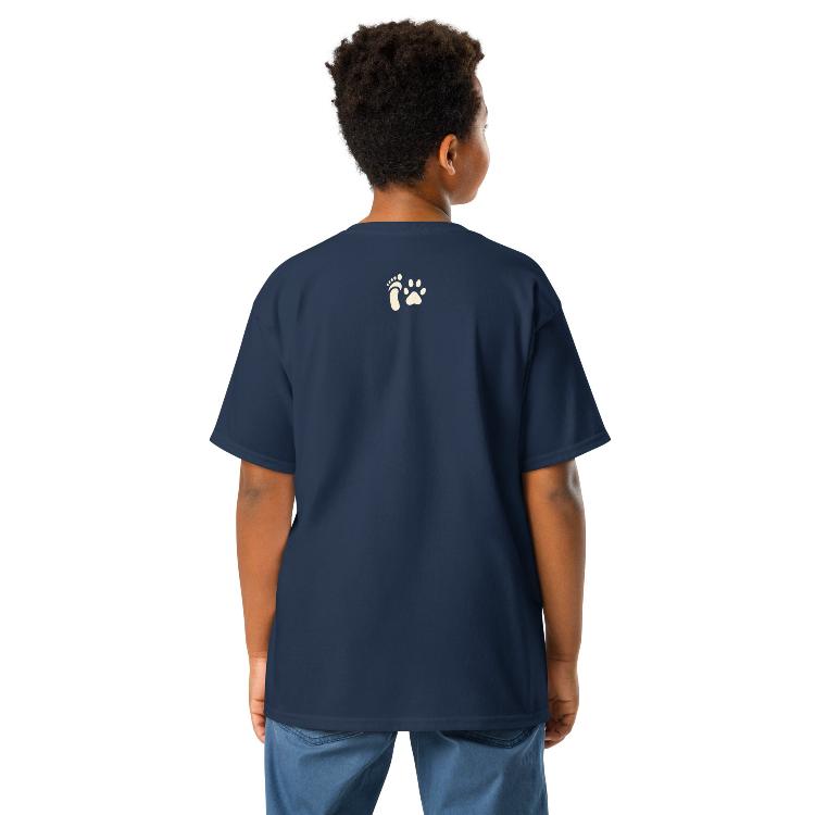 Vegetizer Youth Classic Tee featuring the All Species Equity campaign symbol and hashtag #AllSpeciesEquity. The design includes a human foot and animal paw, symbolizing unity. Made from 100% cotton, pre-shrunk fabric, classic fit, suitable for kids