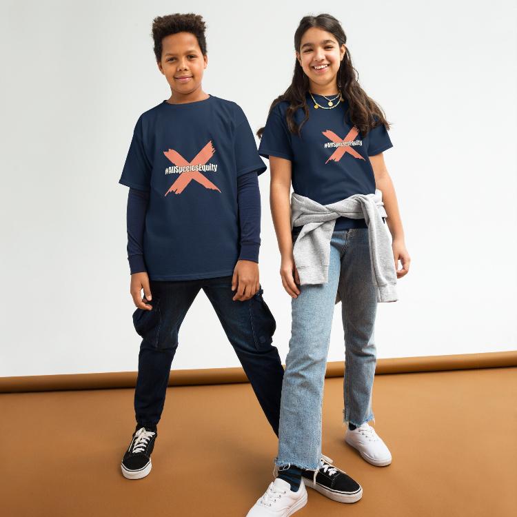 Vegetizer Youth Classic Tee featuring the All Species Equity campaign symbol and hashtag #AllSpeciesEquity. The design includes a human foot and animal paw, symbolizing unity. Made from 100% cotton, pre-shrunk fabric, classic fit, suitable for kids